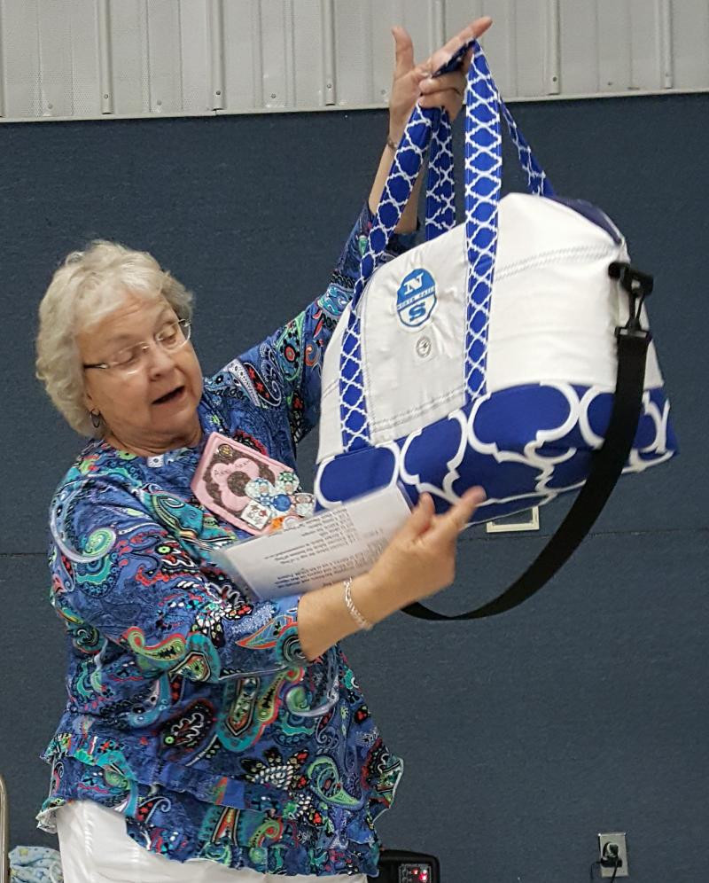 Ann with her Aeroplane Bag. The class was taught by Marla Marx, and the bag was made from my dad's Sails from his sailboat