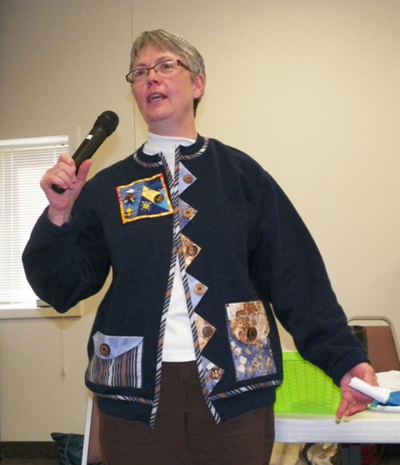 Carolyn N-W shows her new embellished sweatshirt jacket.