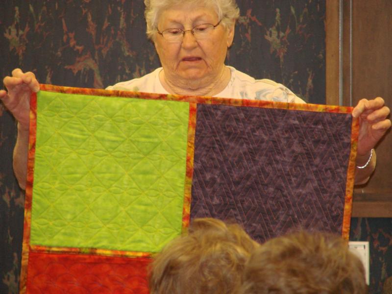 Ann Dudden with October class sample~Sachiko quilting by machine