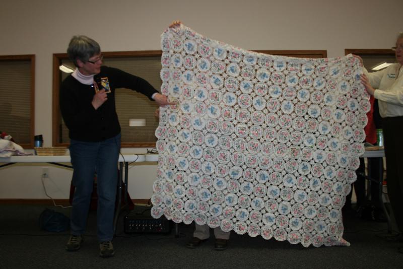 Carolyn's Crocheted tablecloth using feed sacks made by her Grandmother